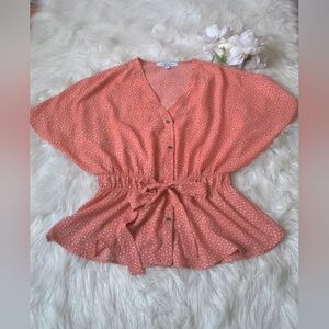 Sweet Rain Coral Polka Dot V-Neck Blouse Size S